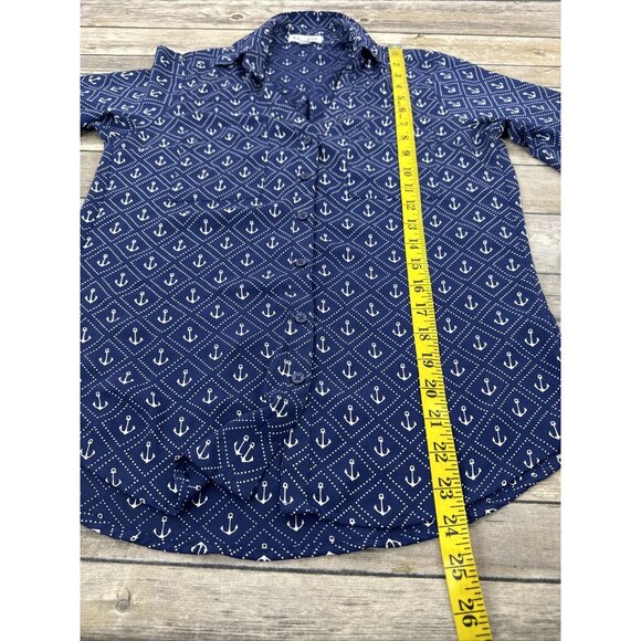 Express Portofino Shirt Womens Size XS Navy Blue Anchor Long Sleeve Roll Tab - Picture 13 of 14